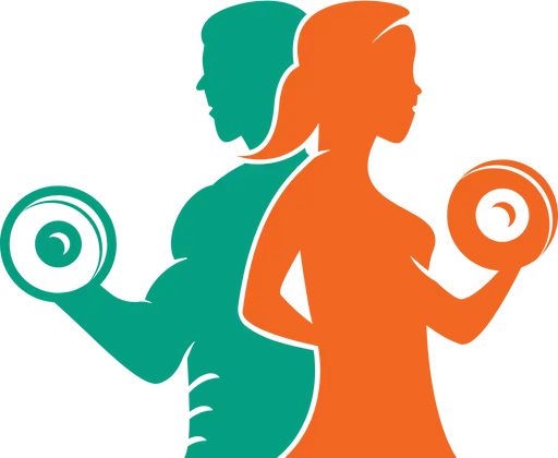 Obrazek przedstawia logo witryny odchudzanie.waw.pl. Na grafice widnieją sylwetki dwóch osób - kobiety i mężczyzny - które trzymają w rękach hantle. Postacie są stylizowane i mają uproszczoną formę: mężczyzna po lewej stronie w kolorze turkusowym, a kobieta po prawej w kolorze pomarańczowym. Sylwetki są ustawione tyłem do siebie, co sugeruje współpracę lub równowagę w treningu. Całość utrzymana jest w minimalistycznym, nowoczesnym stylu, symbolizującym aktywność fizyczną i zdrowy tryb życia.